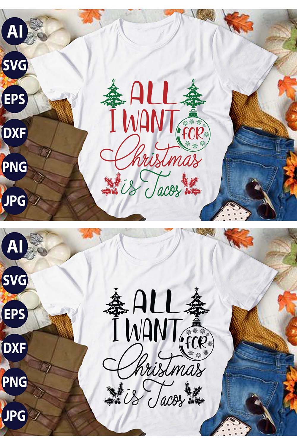 All I Want for Christmas Is Taco, SVG T-Shirt Design |Christmas Retro It's All About Jesus Typography Tshirt Design | Ai, Svg, Eps, Dxf, Jpeg, Png, Instant download T-Shirt | 100% print-ready Digital vector file pinterest preview image.