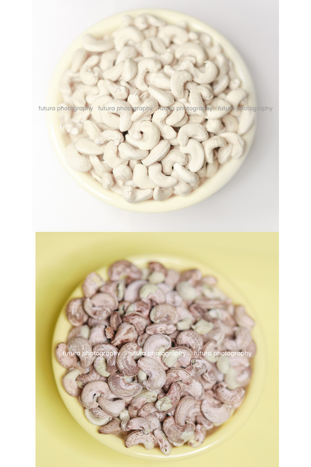 Two pictures of a bowl of cashews and a bowl of cashews.