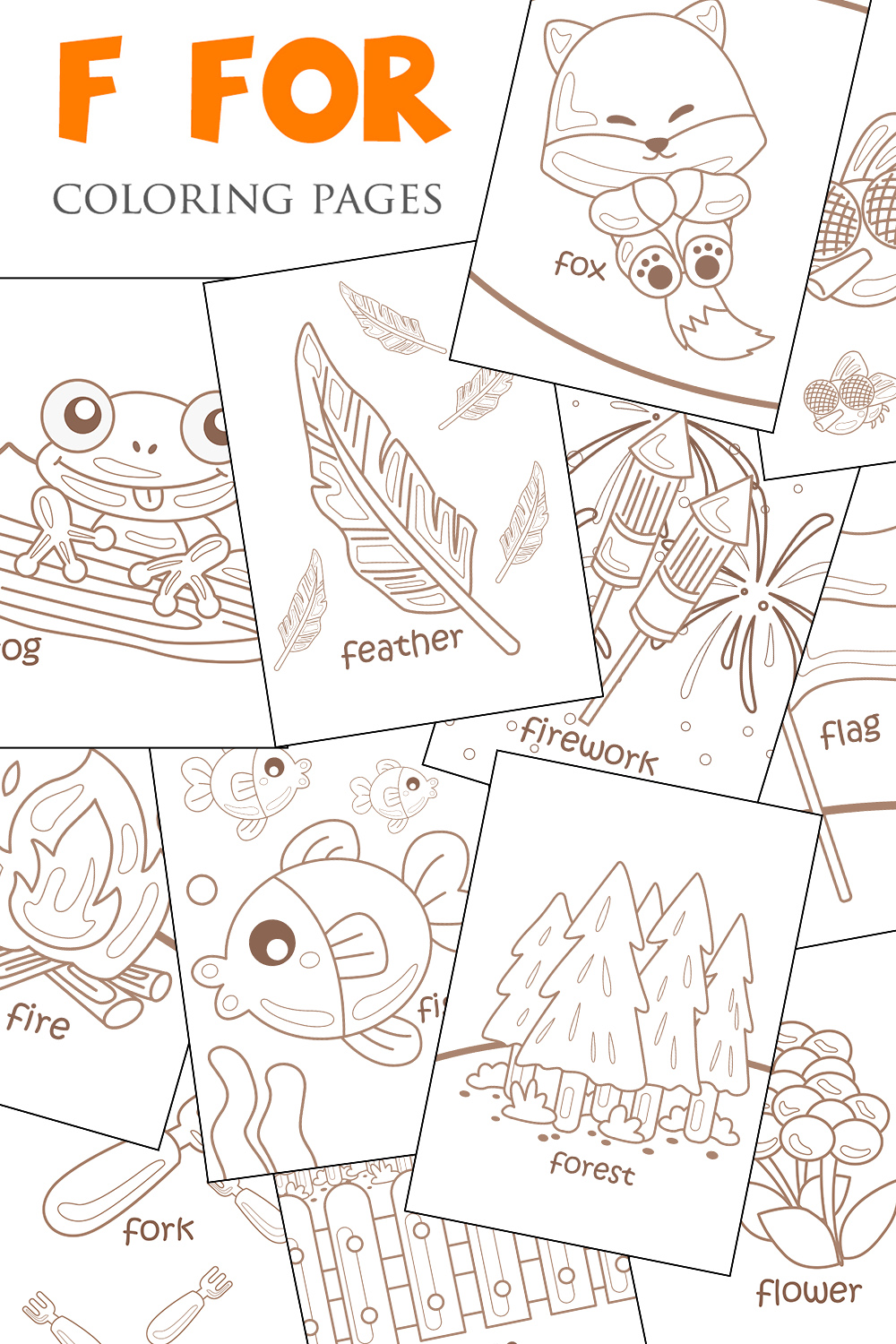 Alphabet F For Vocabulary School Letter Reading Writing Font Study Learning Student Toodler Kids Feather Fly Fence Fork Frog Fox Fire Flag Flower Fish Forest Firework Cartoon Coloring for Kids and Adult pinterest preview image.