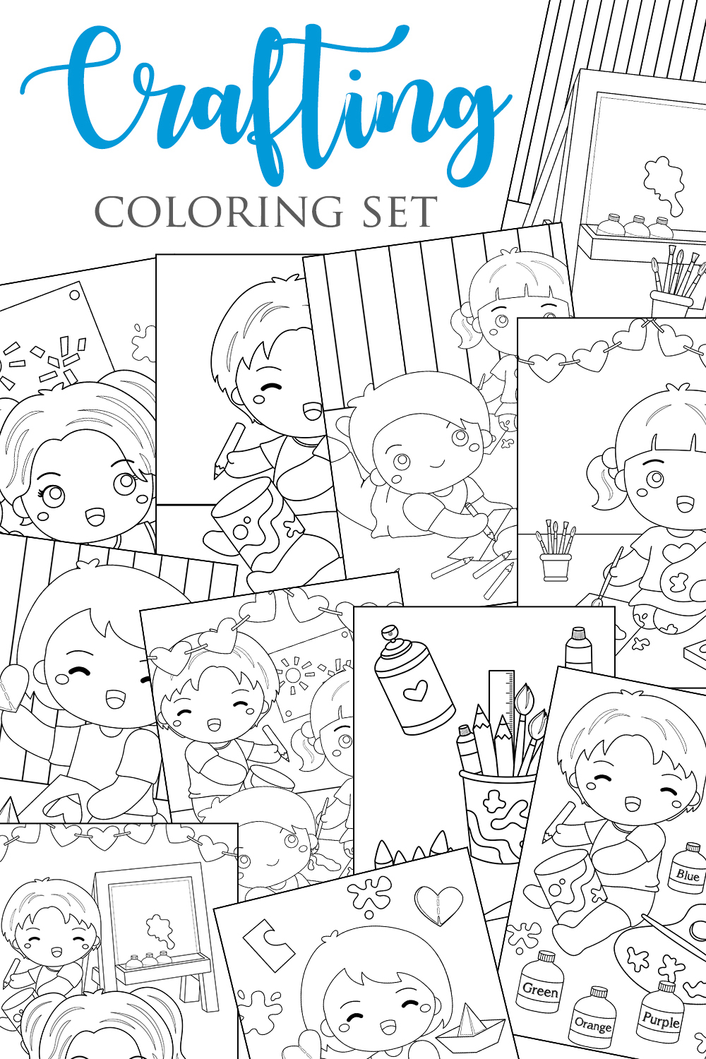 Happy Kids Crafting and Painting Activity School with Stationery Object Coloring Pages for Kids and Adult pinterest preview image.