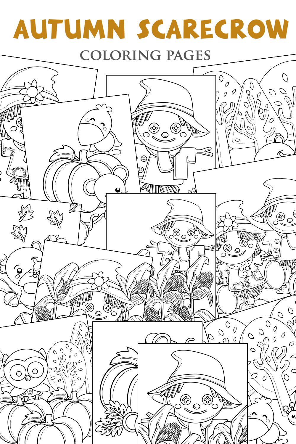 Funny Cartoon Autumn Fall Farm Scarecrow with Animals Bird Mouse Owl Raven Beaver Nature Tree Forest Coloring Pages for Kids and Adult pinterest preview image.