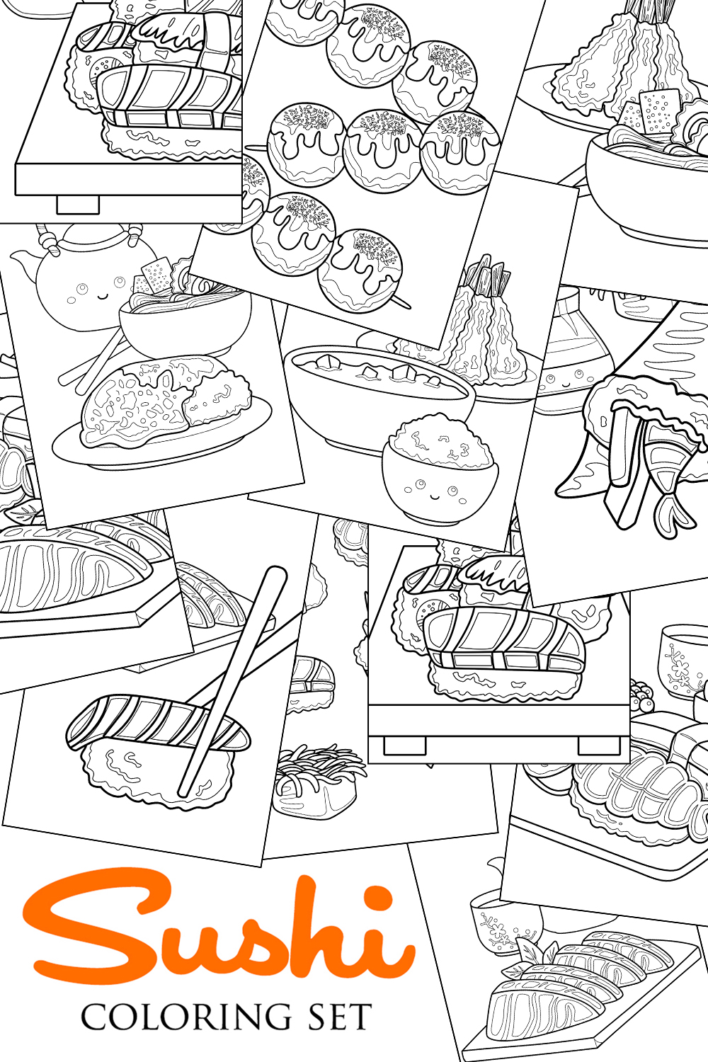 Japanese Food Sushi Curry Rice Udon Ramen Noodle Takoyaki Tempura Salmon Onigiri Tea Wasabi Cartoon Coloring Pages for Kids and Adult pinterest preview image.