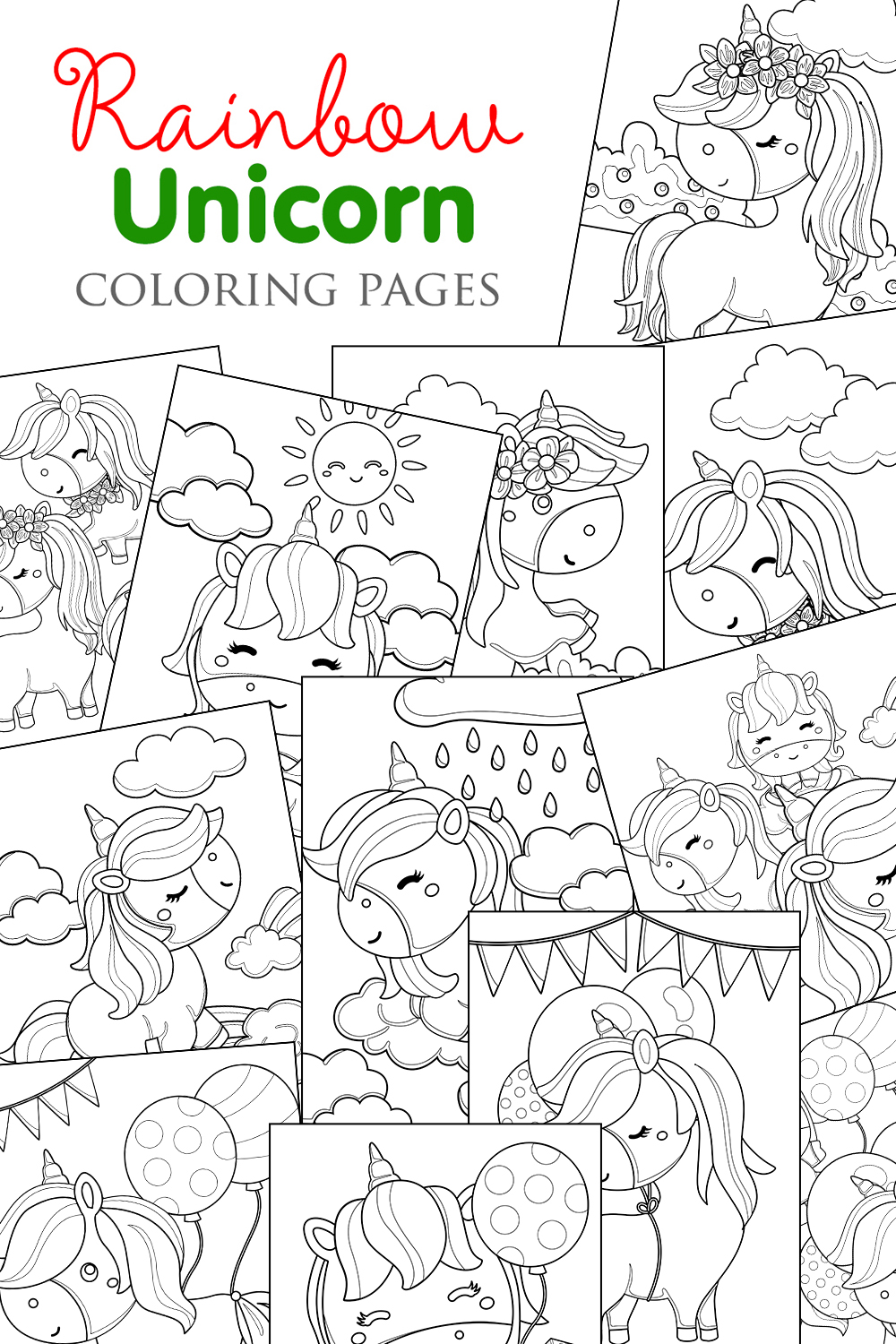 Cute Funny Unicorn Cartoon Fantasy Horse Animals Character Birthday Background and Nature Coloring Pages for Kids and Adult pinterest preview image.