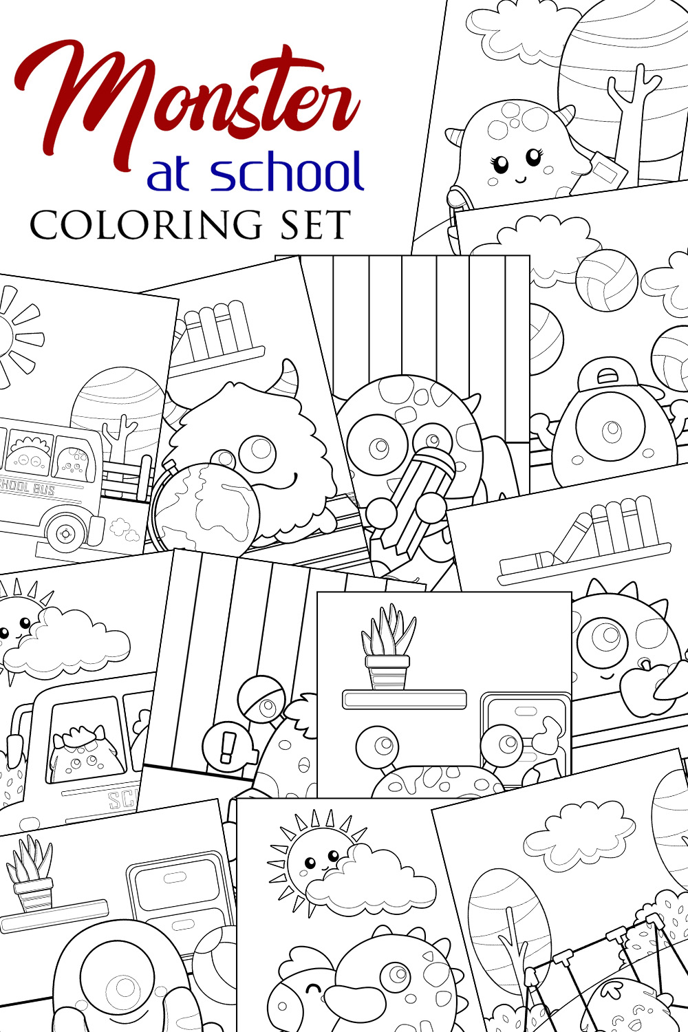 Cute Fantasy Monster School Bus Sport Playground Summer Playing Student Garden Cartoon Coloring Pages for Kids and Adult pinterest preview image.