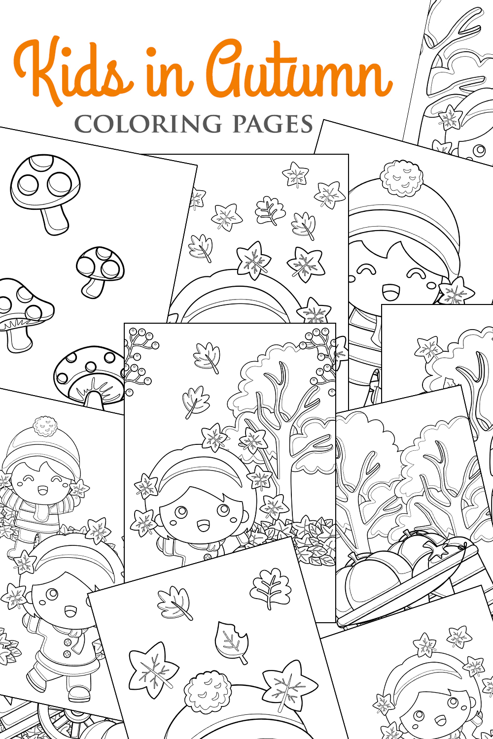 Kids Girl and Boy Fun Holiday Activity in Autumn Fall Seasons Weather Nature Tree Leaves Coloring Pages for Kids and Adult pinterest preview image.