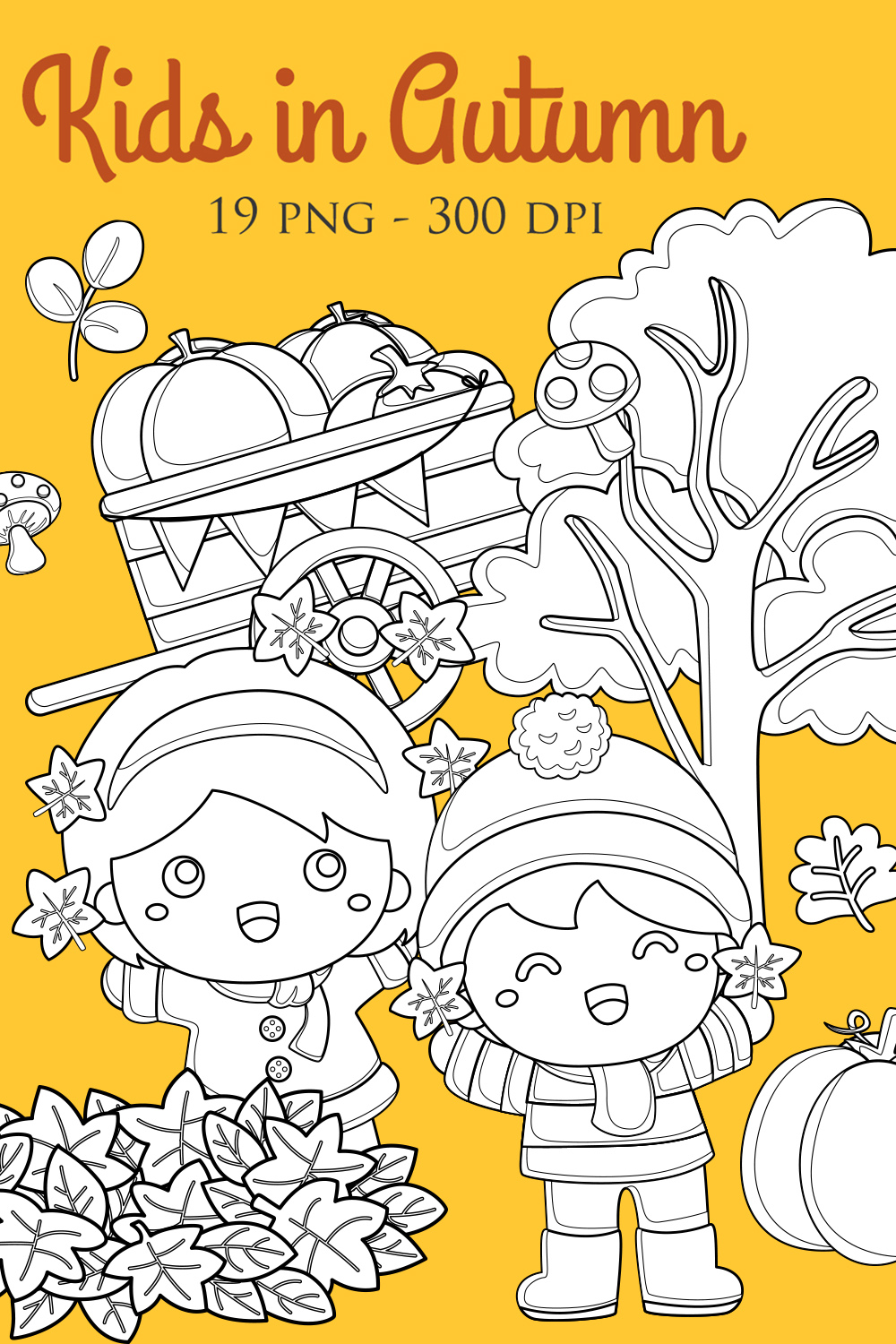 Kids in Autumn Fall Seasons Leaves Tree Holiday Activity Fun Digital Stamp Outline Black and White pinterest preview image.