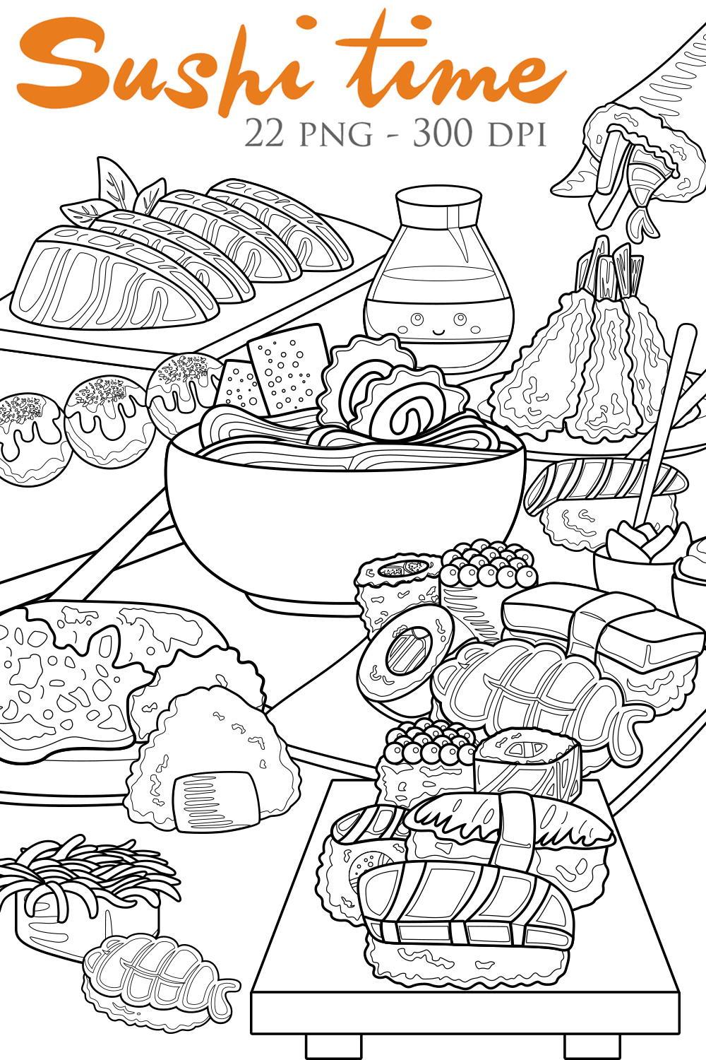 Japanese Sushi Time Food and Drink Salmon Onigiri Noodle Ramen Udon Curry Rice Takoyaki Tempura Wasabi Ginger Cartoon Digital Stamp Outline pinterest preview image.