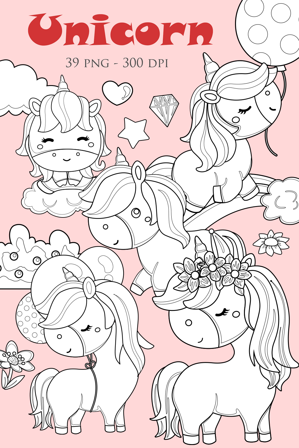 Unicorn Character Cartoon Horse Animal Flowers Background Birthday Party Digital Stamp Outline pinterest preview image.