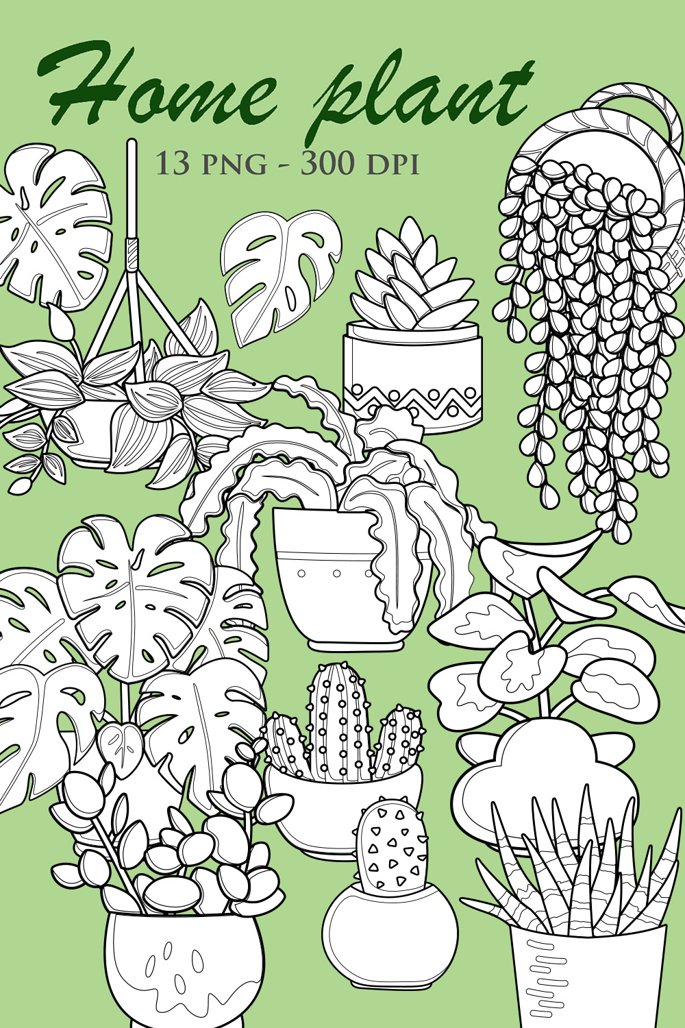 Home Plants Indoor Leaves Monstera Cactus Peperomia Asplenium Aloe Vera Pothos Nature Floral Cartoon Digital Stamp Outline pinterest preview image.