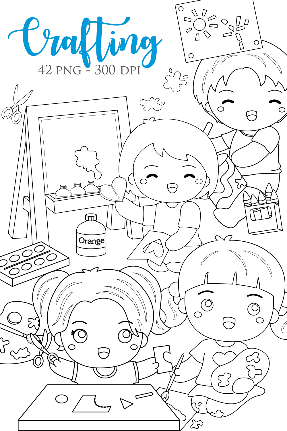 Happy Kids Crafting and Painting School Activity Toodler Digital Stamp Outline pinterest preview image.