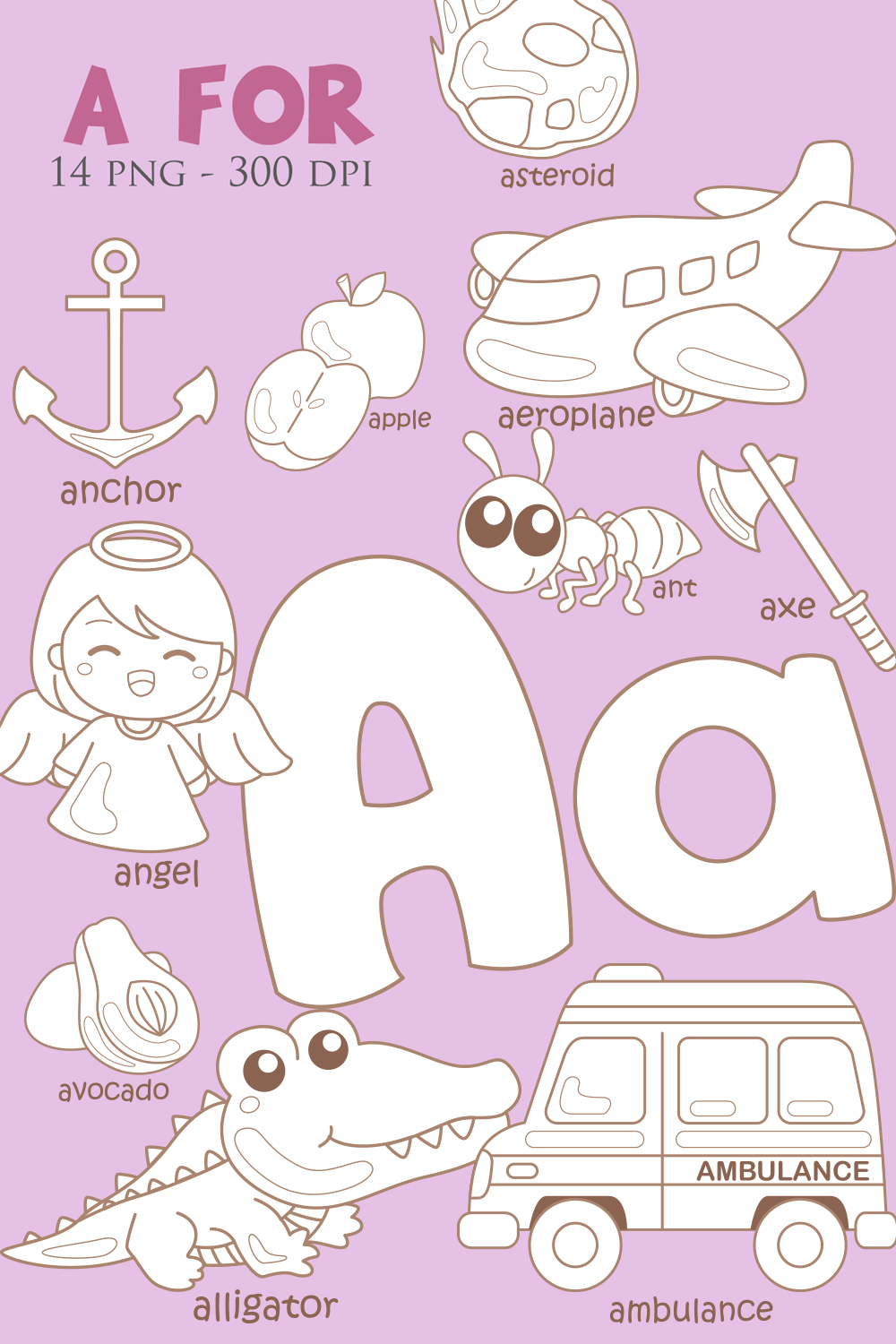 A For Vocabulary School Letter Reading Writing Font Study Learning Student Toodler Kids Angel Avocado Anchor Asteroid Ambulance Apple Alligator Ant Alien Cartoon Digital Stamp Outline Black and White pinterest preview image.