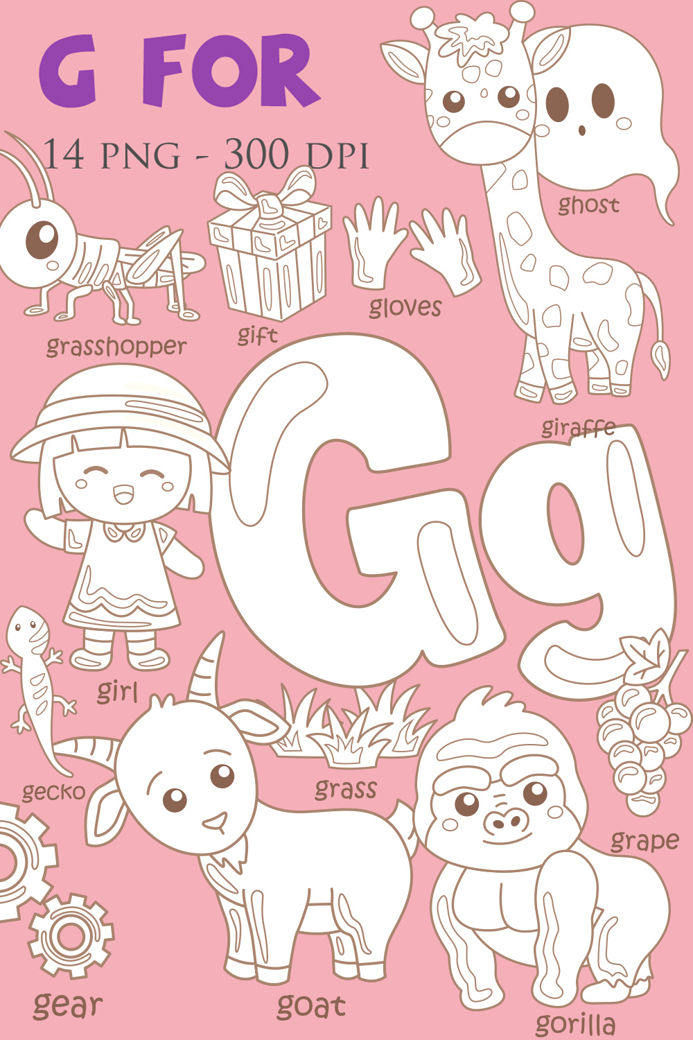 Alphabet G For Vocabulary School Letter Reading Writing Font Study Learning Student Toodler Kids Gift Grape Gorilla Goat Grasshopper Girl Giraffe Ghost Gecko Gloves Gear Grass Cartoon Digital Stamp Outline Black and White pinterest preview image.