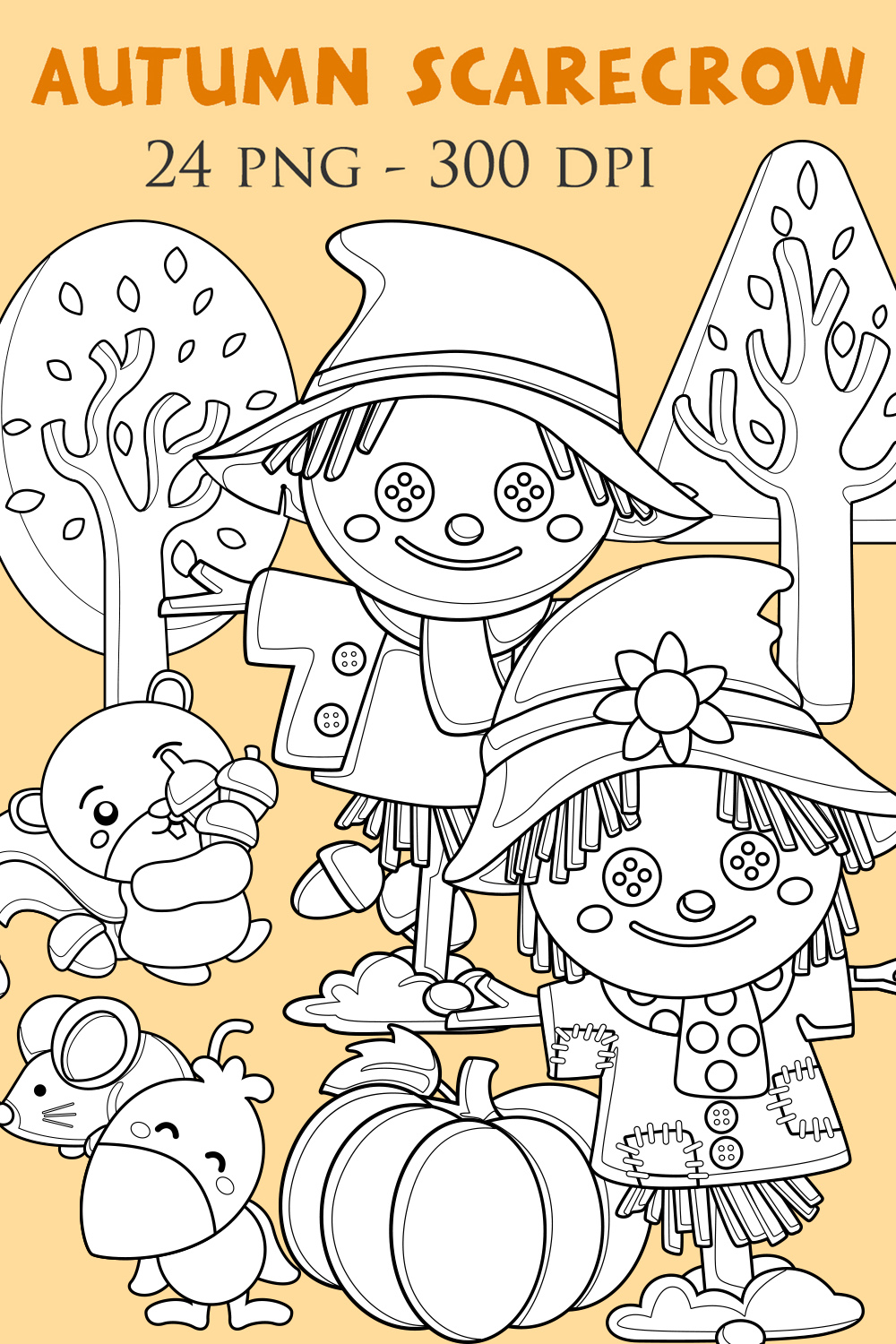 Autumn Farm Scarecrow Season Weather Leaves Tree and Animals Bird Owl Raven Mouse Beaver Cartoon Digital Stamp Outline Black and White pinterest preview image.