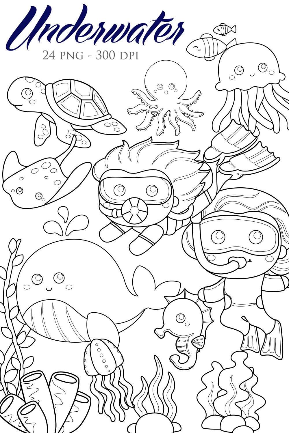 Underwater Kids Snorkling Diving Sport with Animals Sea Ocean Turtle Whale Dolphin Octopus Fish Starfish Seahorse Crab Coral Nature Digital Stamp Outline pinterest preview image.