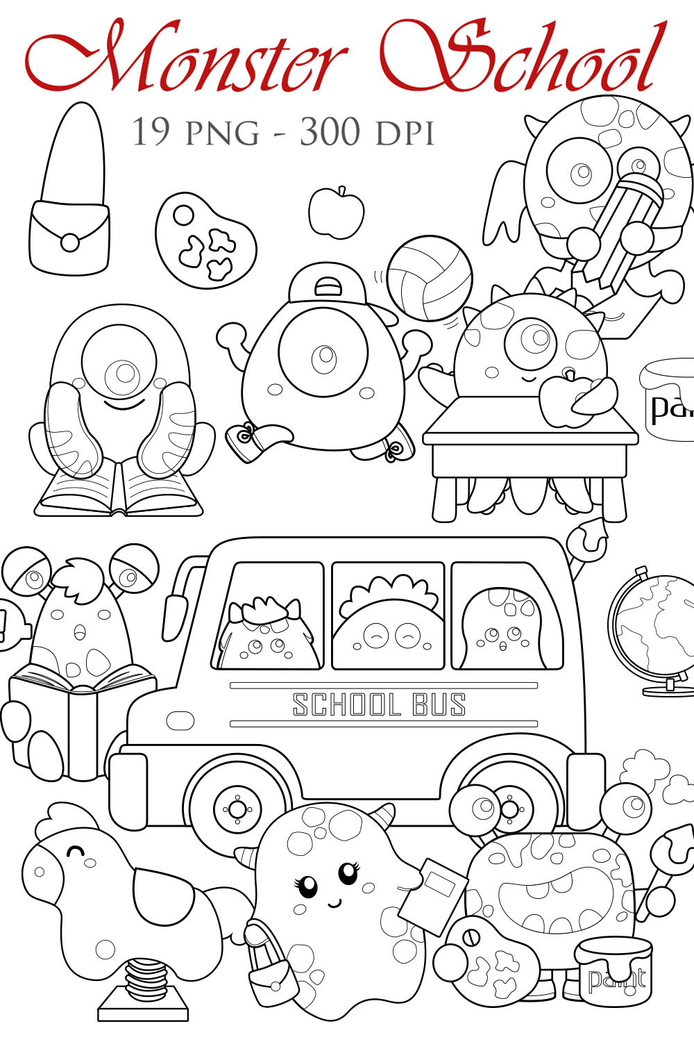 Funny Monster School Bus Transportation Fantasy Story Playing Studying Sport Digital Stamp Outline black and White pinterest preview image.