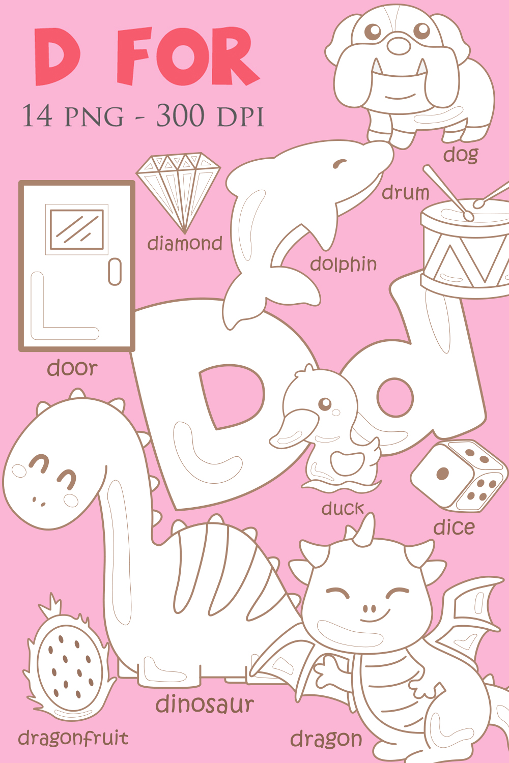 Alphabet D For Vocabulary School Letter Reading Writing Font Study Learning Student Toodler Kids Dragon Fruit Dolphin Dinosaur Drum Diamond Dress Duck Dice Doughnut Dog Door Cartoon pinterest preview image.