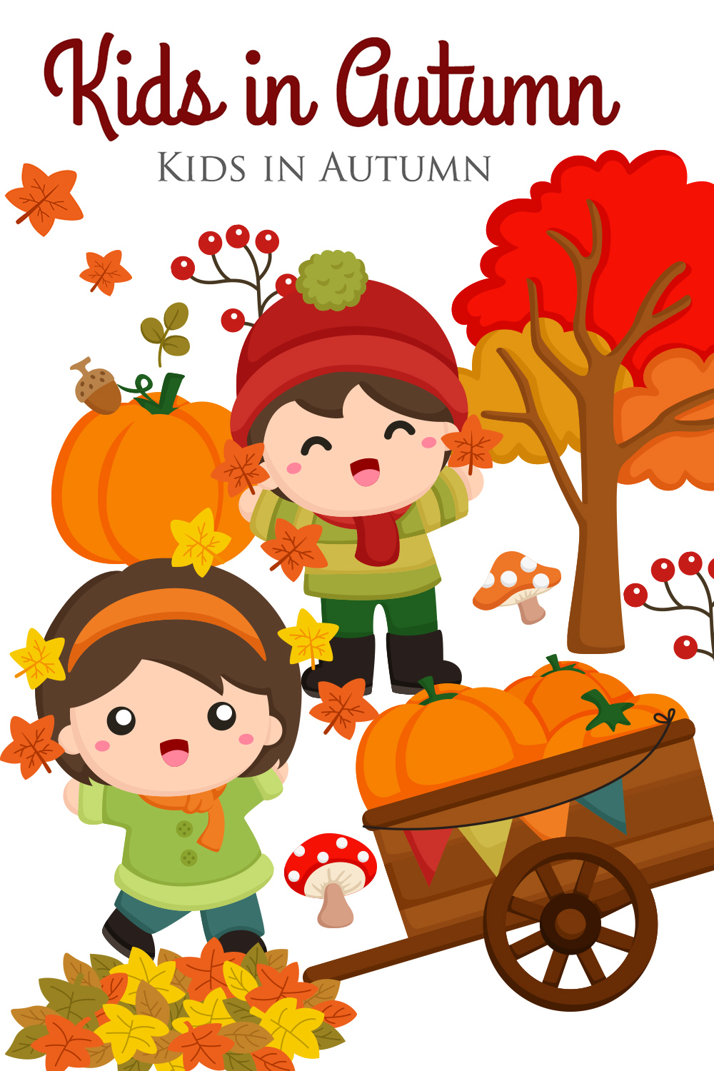 Happy Kids in Autumn Leaves Season Holiday Activity Nature Cartoon Illustration Vector Clipart pinterest preview image.