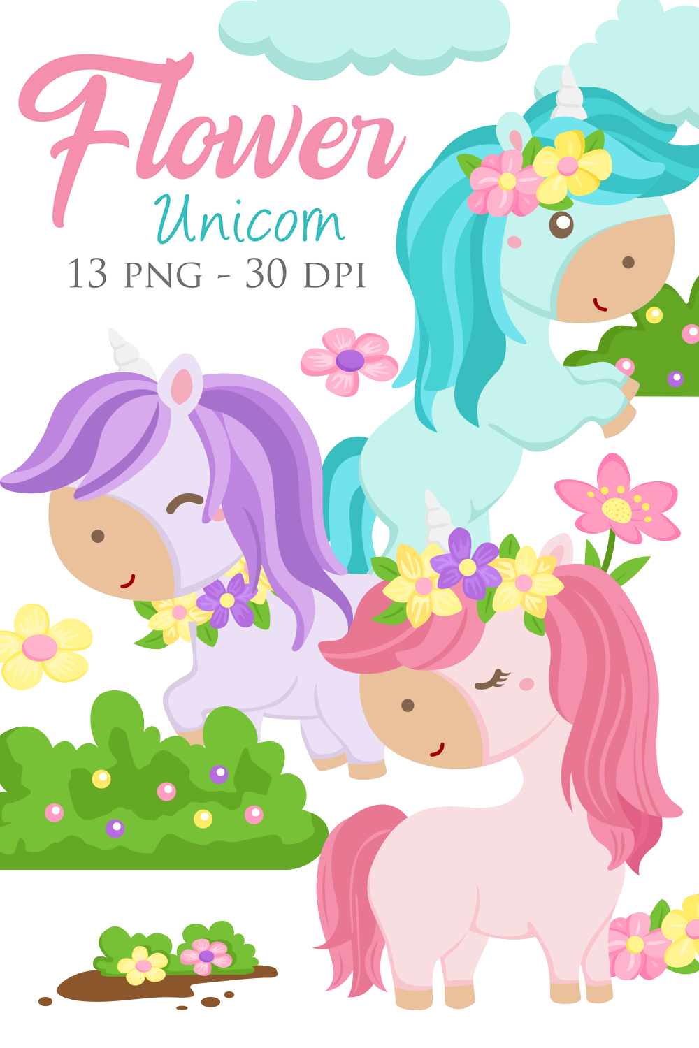 Cute Colorful Unicorn Fantasy Horse Cartoon Character and Flower Blue Pink Purple Decoration Illustration Vector Clipart pinterest preview image.