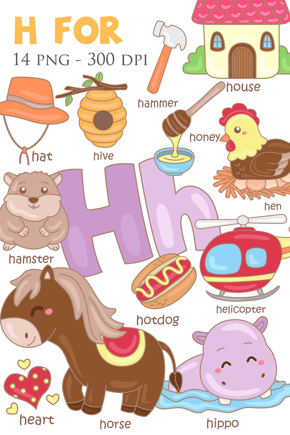 Alphabet H For Vocabulary School Letter Reading Writing Font Study Learning Student Toodler Kids Hive Hamster Heart Honey Horse House Hat Hotdog Hippo Helicopter Hen Cartoon Illustration Vector Clipart pinterest preview image.
