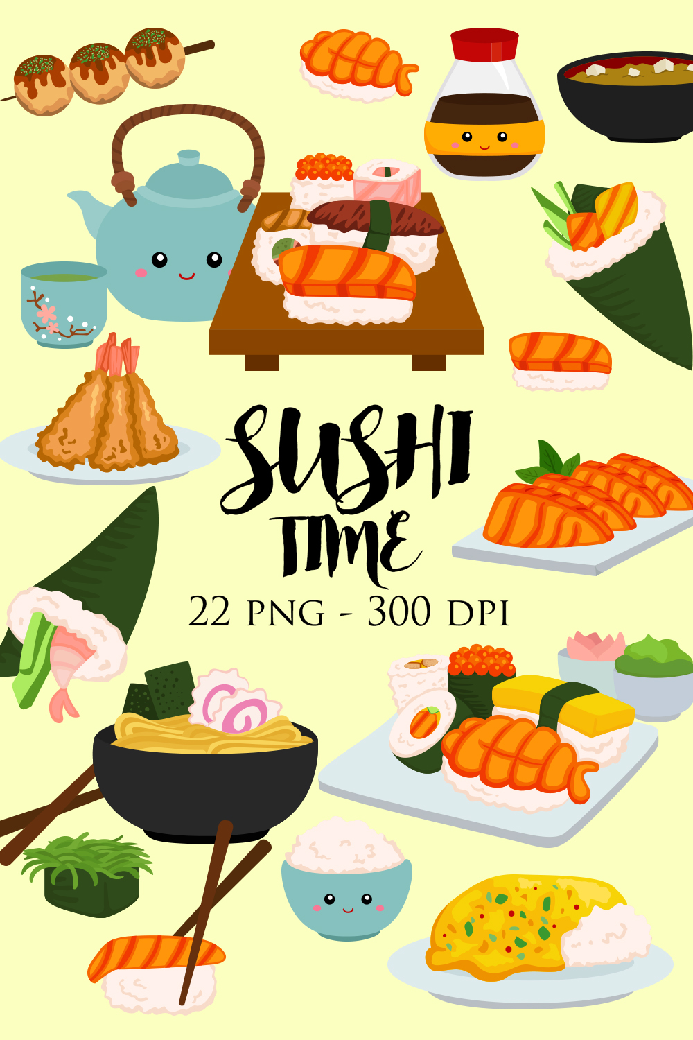 Delicious Japanese Food Sushi Time Salmon Onigiri Udon Ramen Noodle Miso Wasabi Takoyaki Tempura Cartoon Illustration Vector Clipart pinterest preview image.