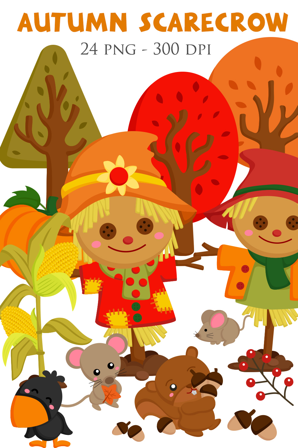 Cute Autumn Scarecrow Doll Nature Weather with Animals Beaver Raven Mouse Pumpkin Tree Leaves Cartoon Illustration Vector Clipart pinterest preview image.