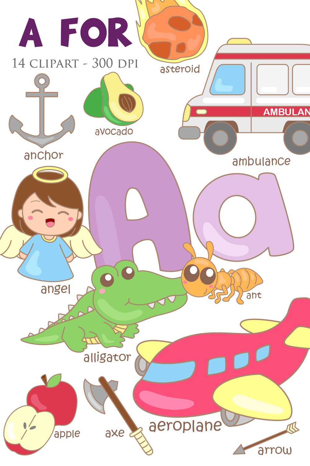 A For Vocabulary School Letter Reading Writing Font Study Learning Student Toodler Kids Angel Avocado Anchor Asteroid Ambulance Apple Alligator Ant Alien Cartoon Illustration Vector Clipart pinterest preview image.
