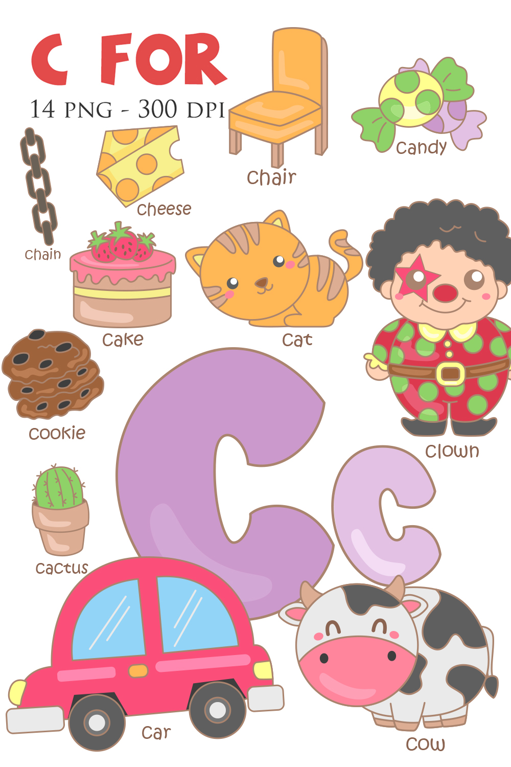 C For Vocabulary School Letter Reading Writing Font Study Learning Student Toodler Kids Car Crab Cake Clown Cookie Cow Cactus Cheese Candy Chain Chair Cat Cartoon Illustration Vector Clipart pinterest preview image.