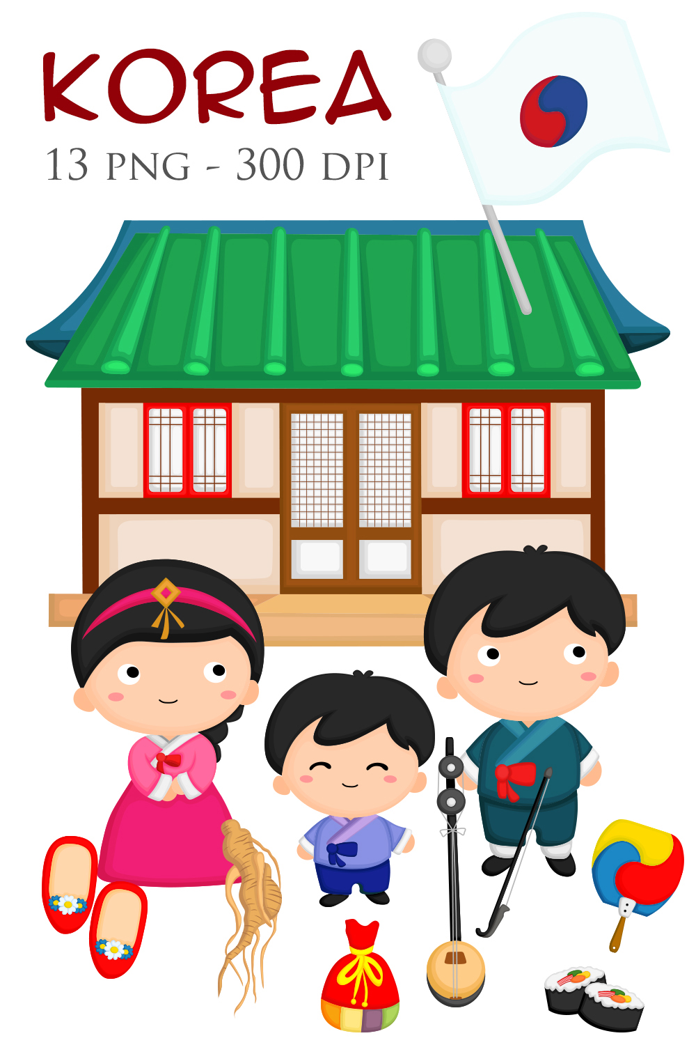 Cute Korean Couple Family Traditional Traditition Culture Hanbok Hanok National Flag Cartoon Illustration Vector Clipart pinterest preview image.