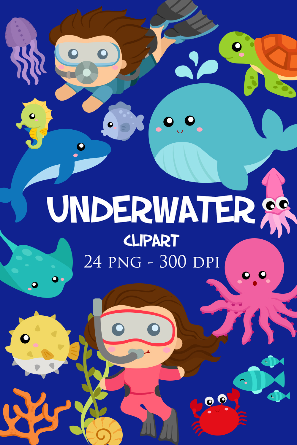 Kids Underwater Sport Snorkling and Diving Activity with Sea Ocean Animals Squid Whale Fish Octopus Turtle Crab Dolphin Floral Illustration Vector Clipart pinterest preview image.