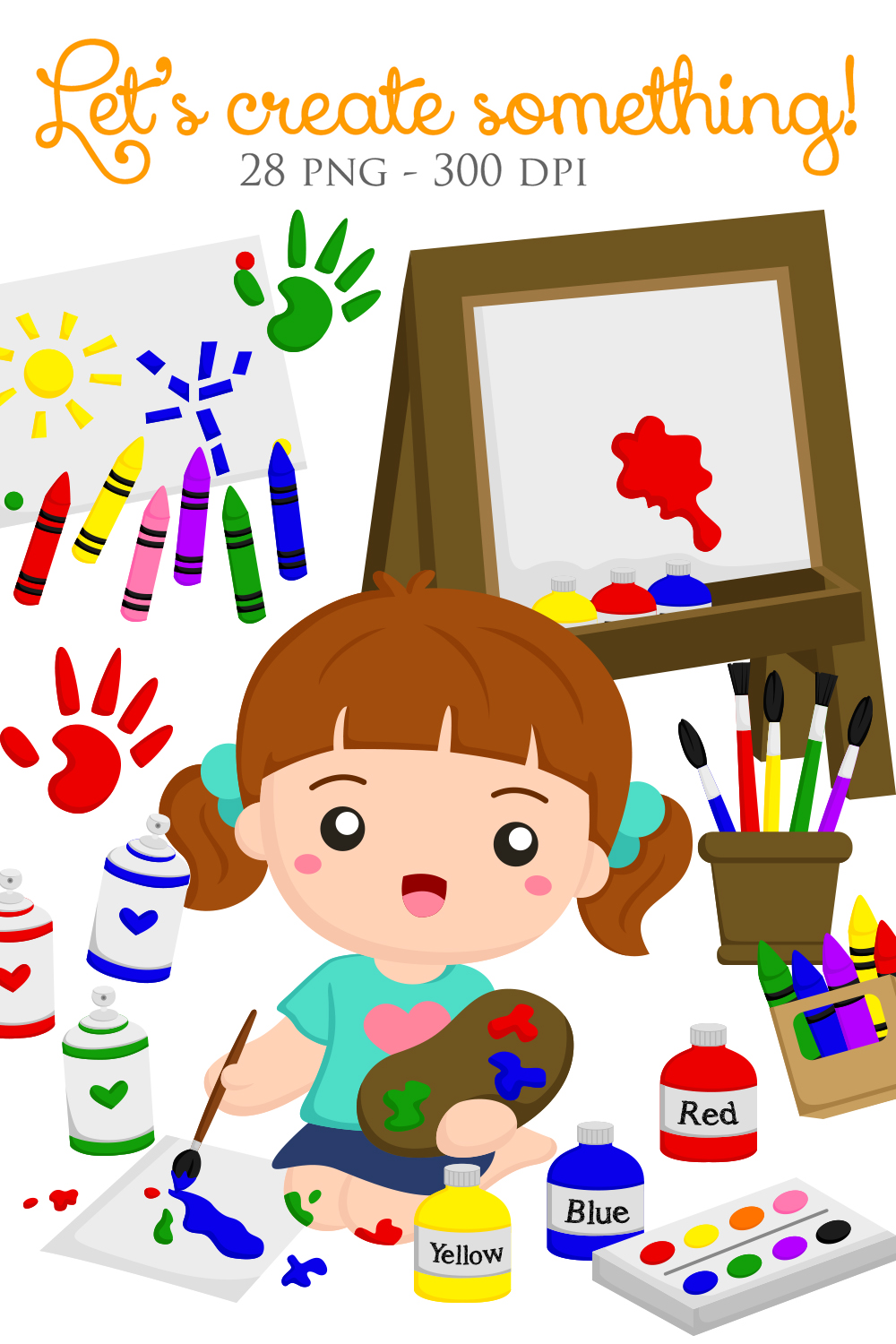 Cute Girl Doing Painting Activity School with Water Colour Stationery Crayon Pencil Brush Paint Board Cartoon Illustration Vector Clipart pinterest preview image.