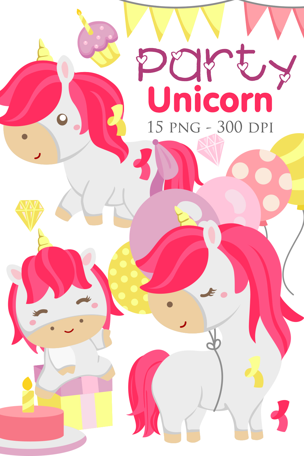 Cute Pink Unicorn Fantasy Horse Birthday Background Decoration Party Cartoon Character Illustration Vector Clipart pinterest preview image.
