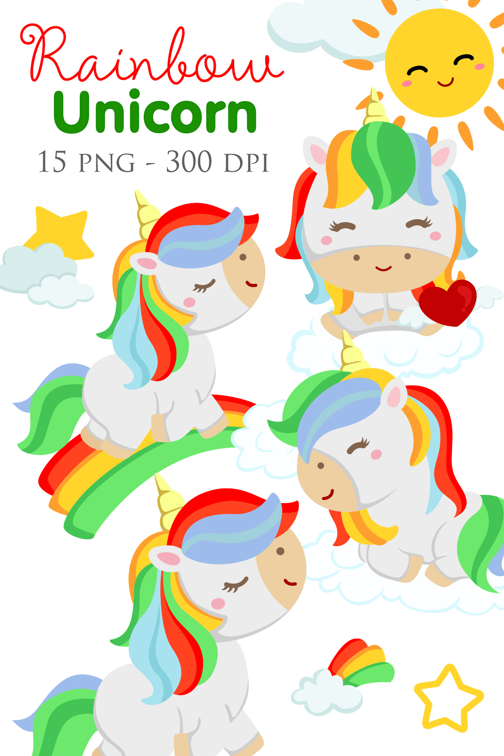 Funny Colorful Rainbow Unicorn Fantasy Horse Character and Weather Sun Summer Sky Nature Cartoon Illustration Vector Clipart pinterest preview image.