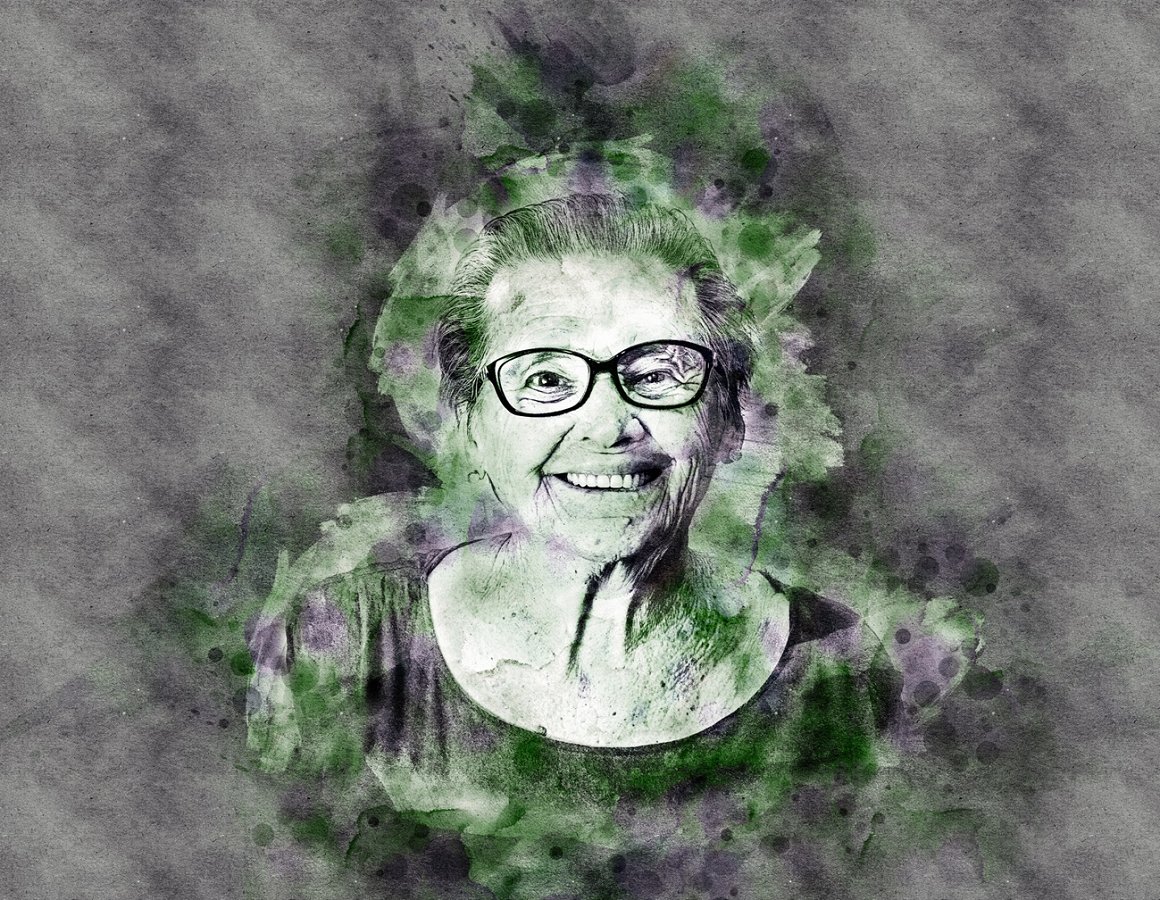 Painting of a woman with glasses on.