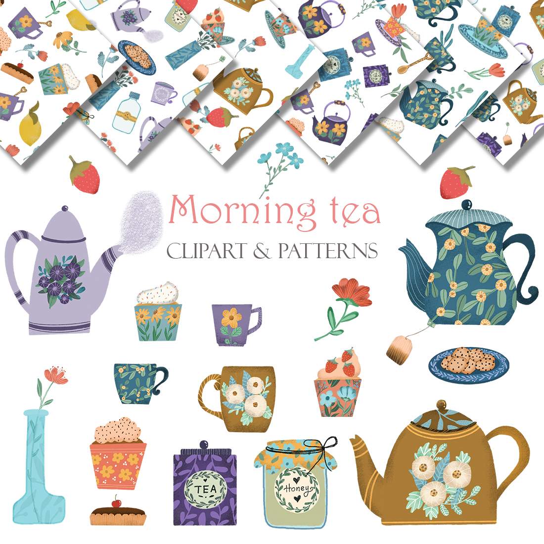 Morning tea clipart, patterns, premade posters set cover image.