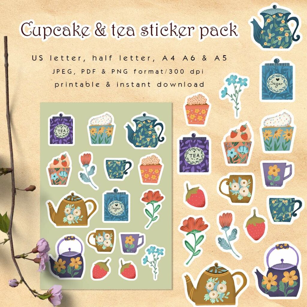 Tea time with cupcake sticker pack - MasterBundles