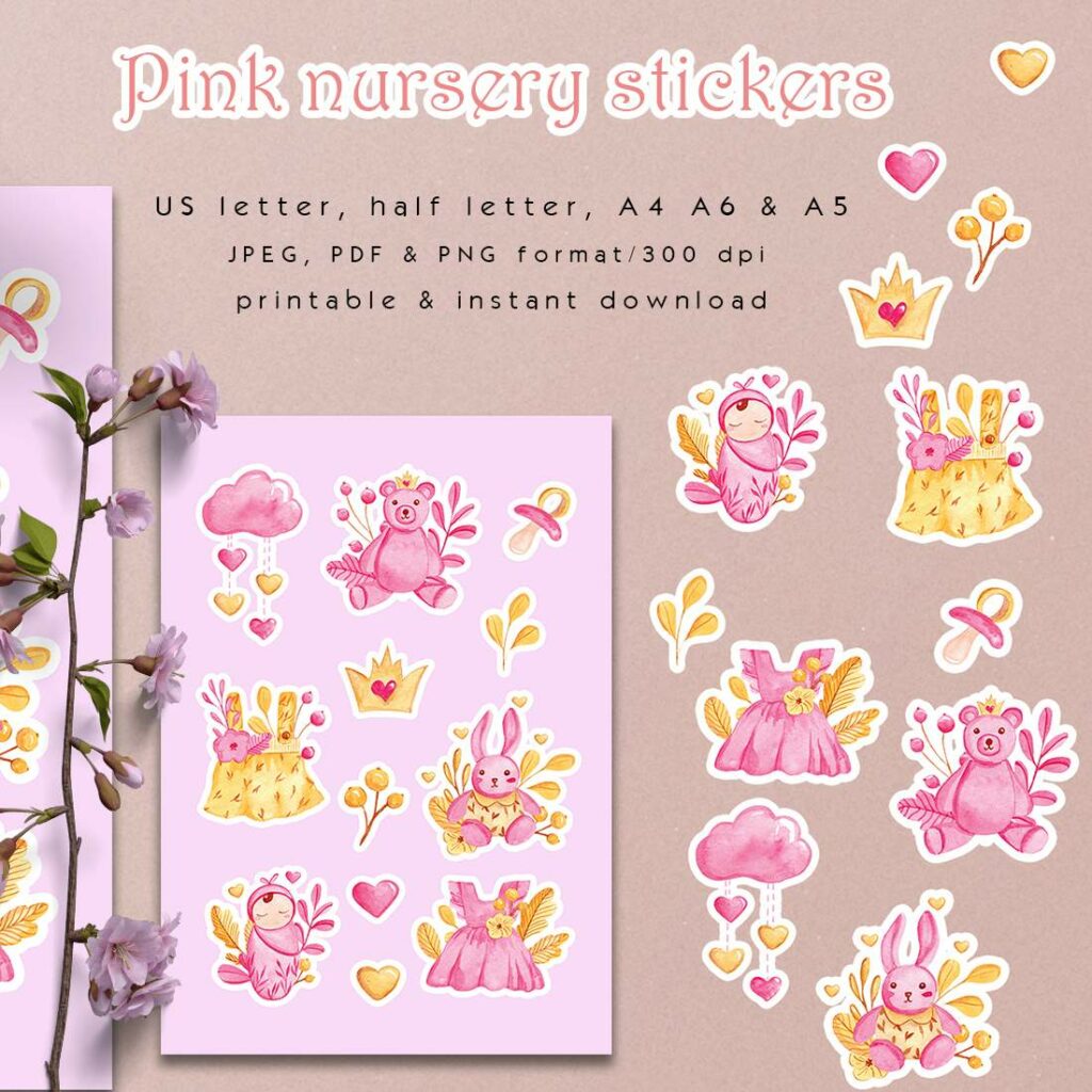 Pink nursery sticker pack MasterBundles