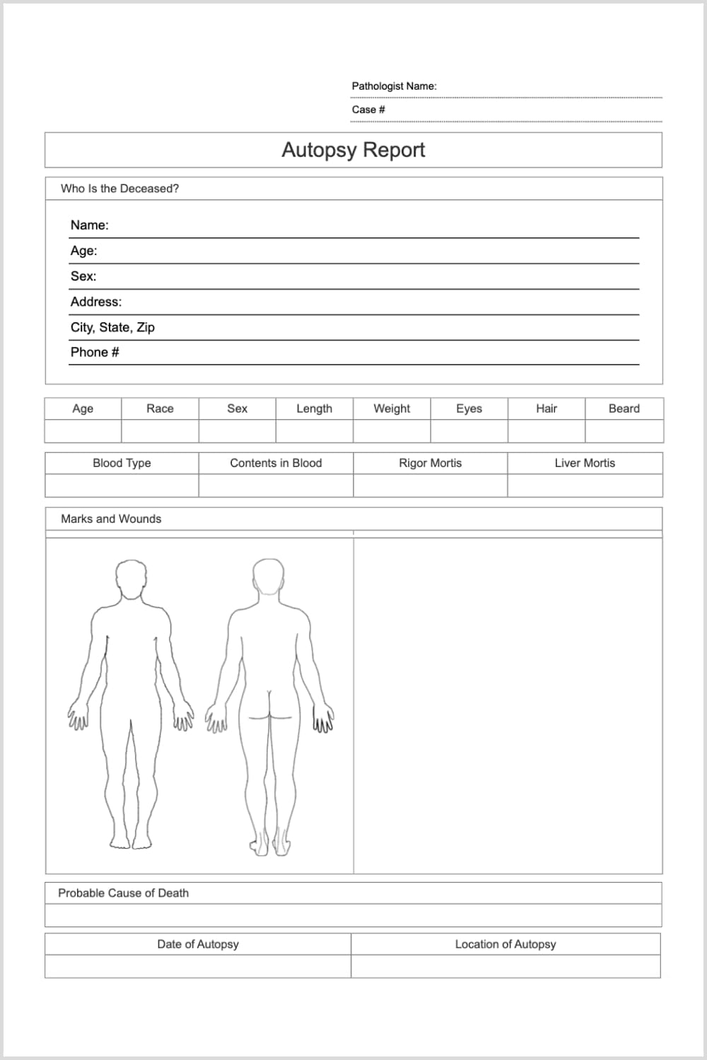 Autopsy report with tables and body drawing.