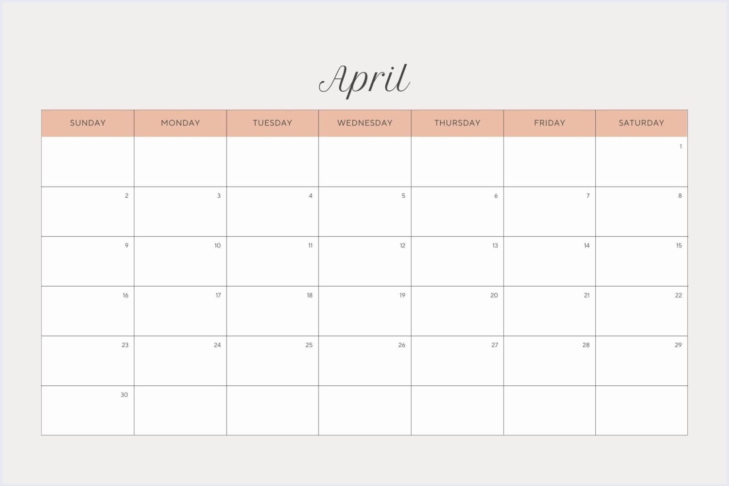 April calendar with orange title and white background.