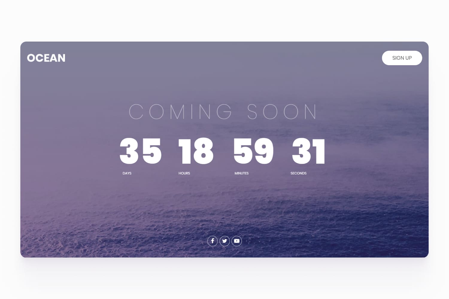 Screenshot of a website page with a countdown to launch and a photo of the ocean.
