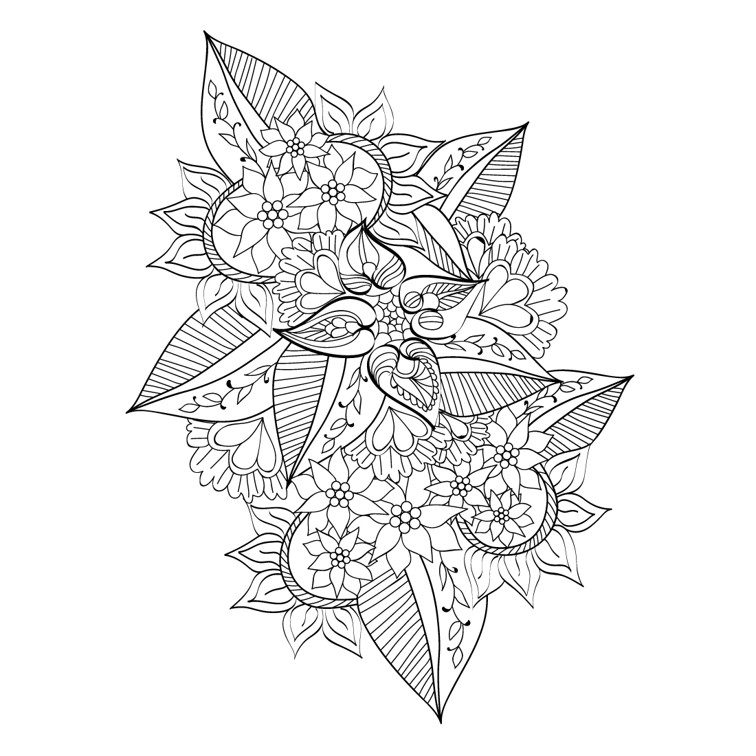 Black and white drawing of a bouquet of flowers.