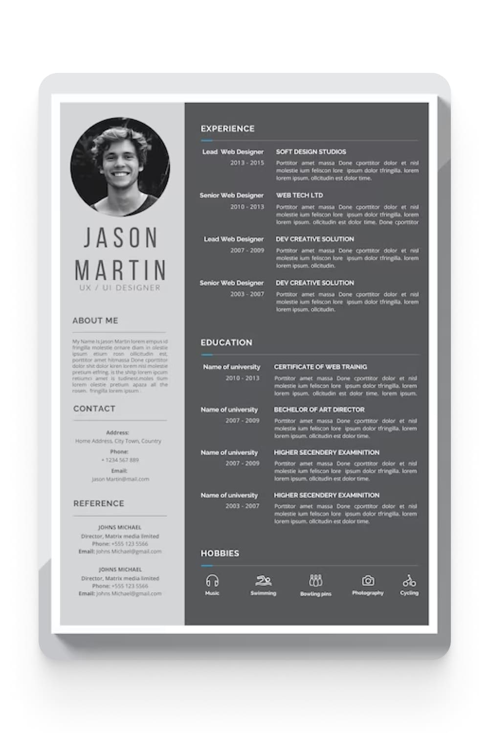 Three-column resume with round photo and gray color scheme.