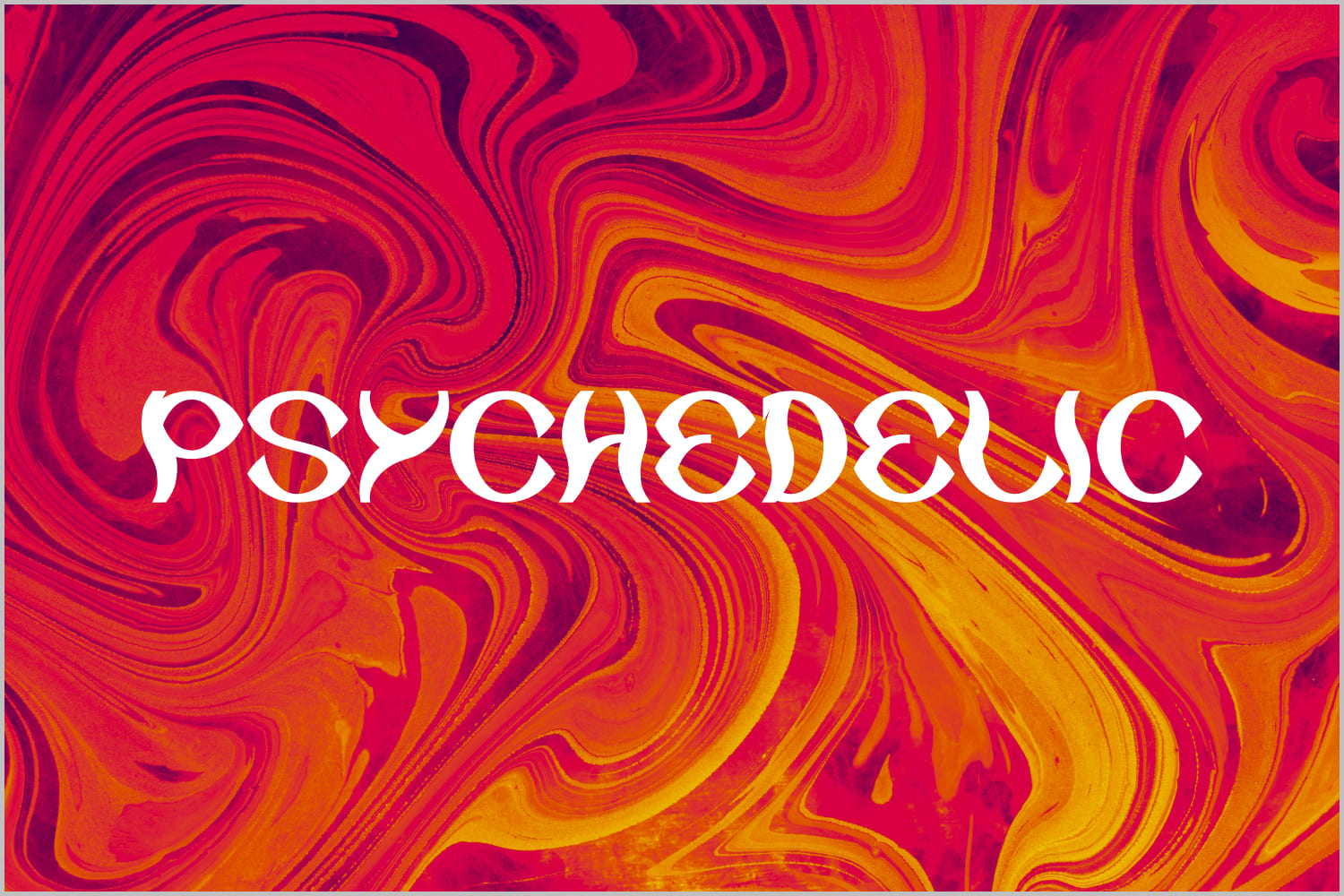 Psychedelic word in white on abstract orange background.