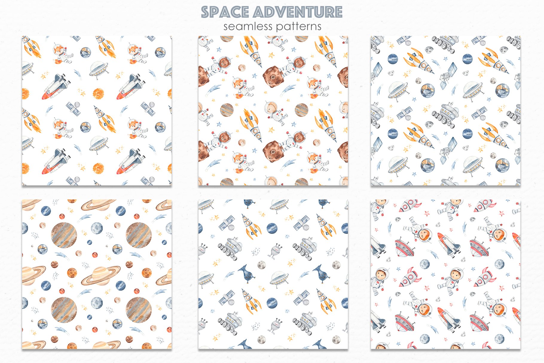11 space adventure watercolor seamless patterns 479