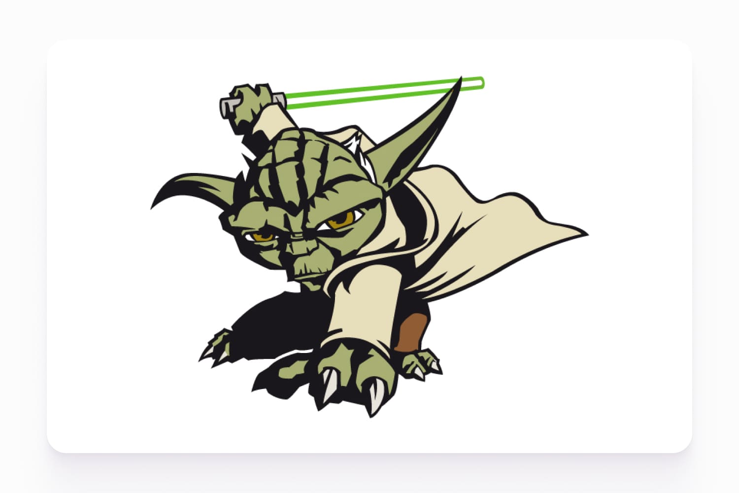 Drawing of Master Yoda with a lightsaber, ready to attack.
