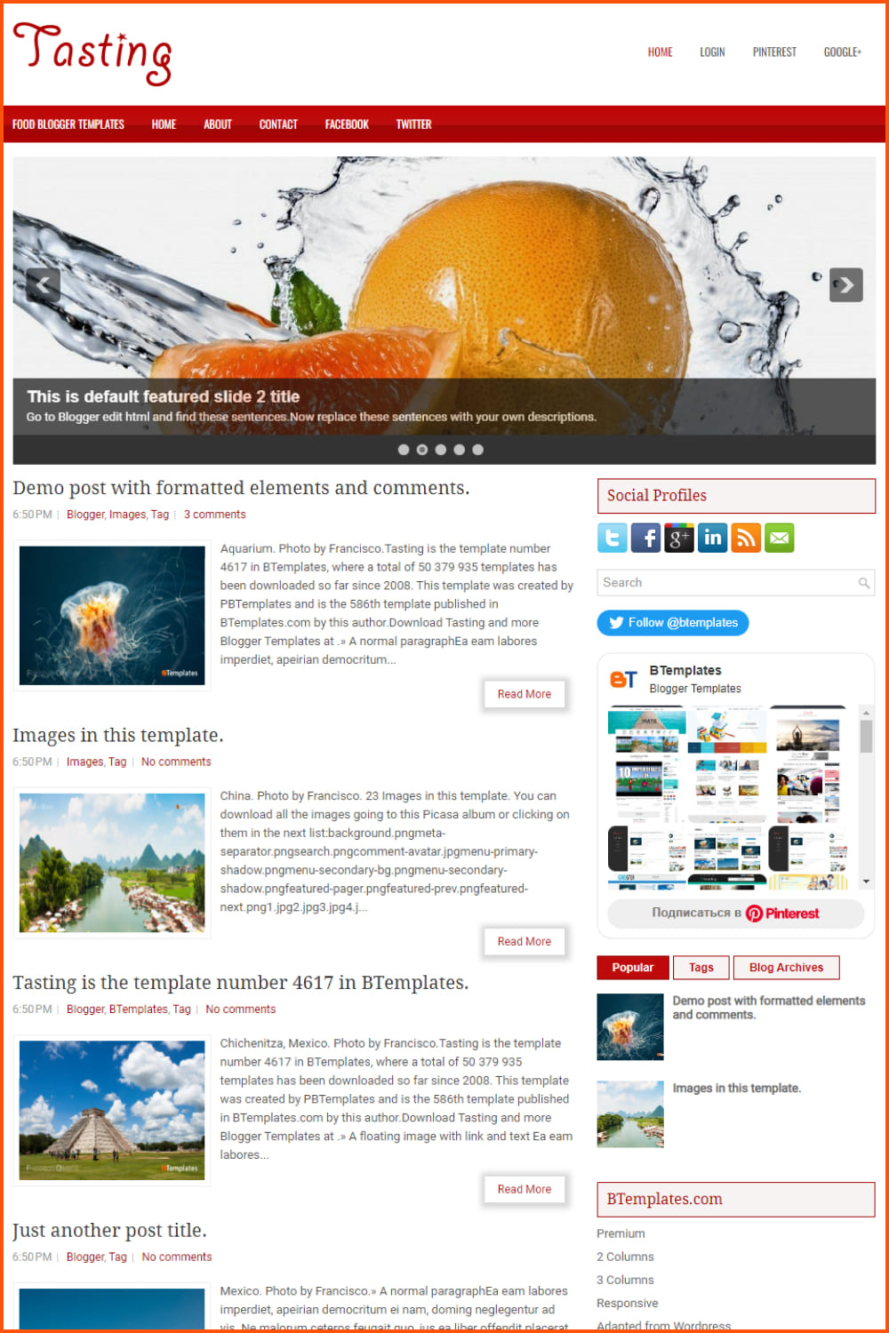 Screenshot of a website template with a slider and news columns and widgets.