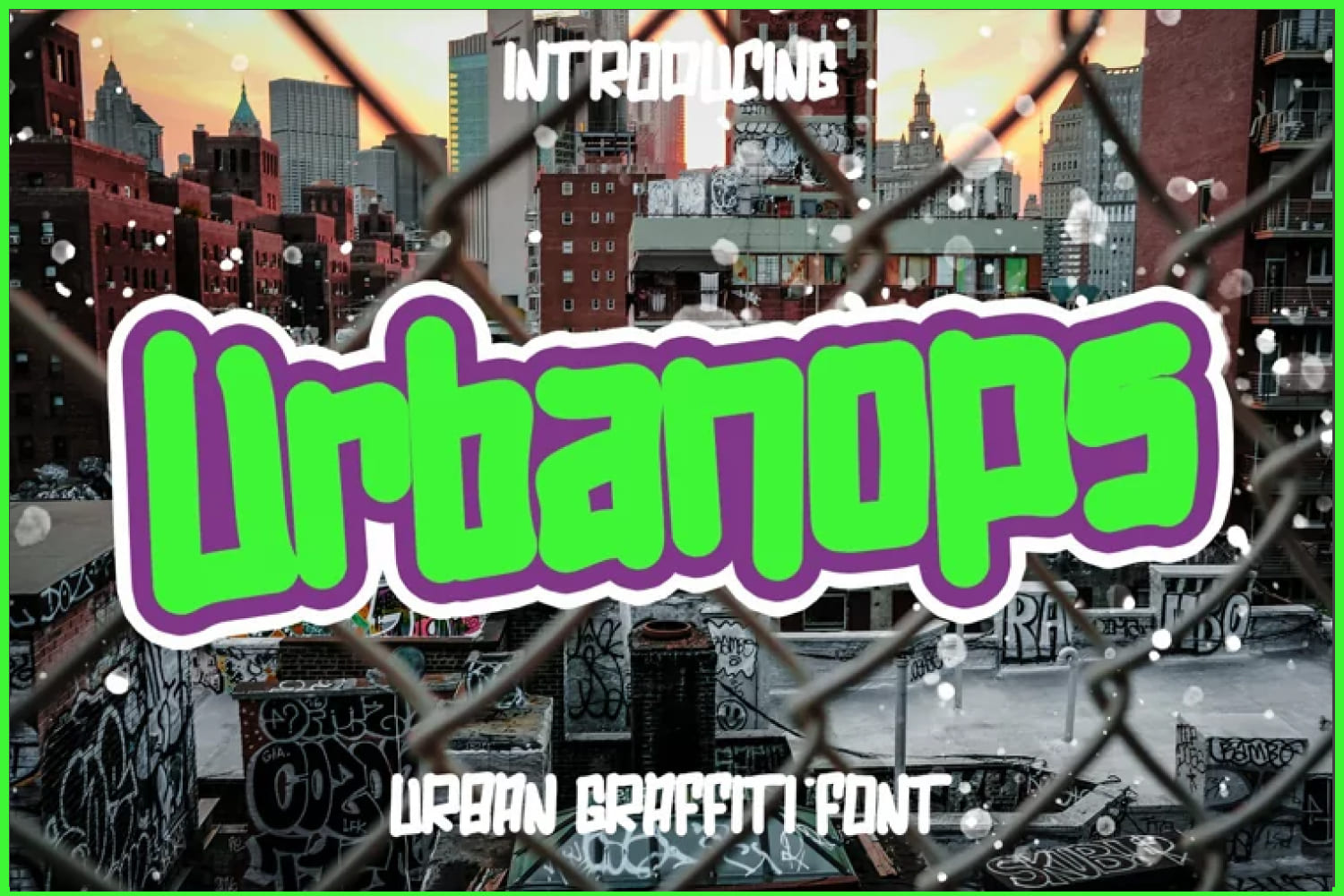 Graffiti style text in green and purple color on the background of the photo of the city.