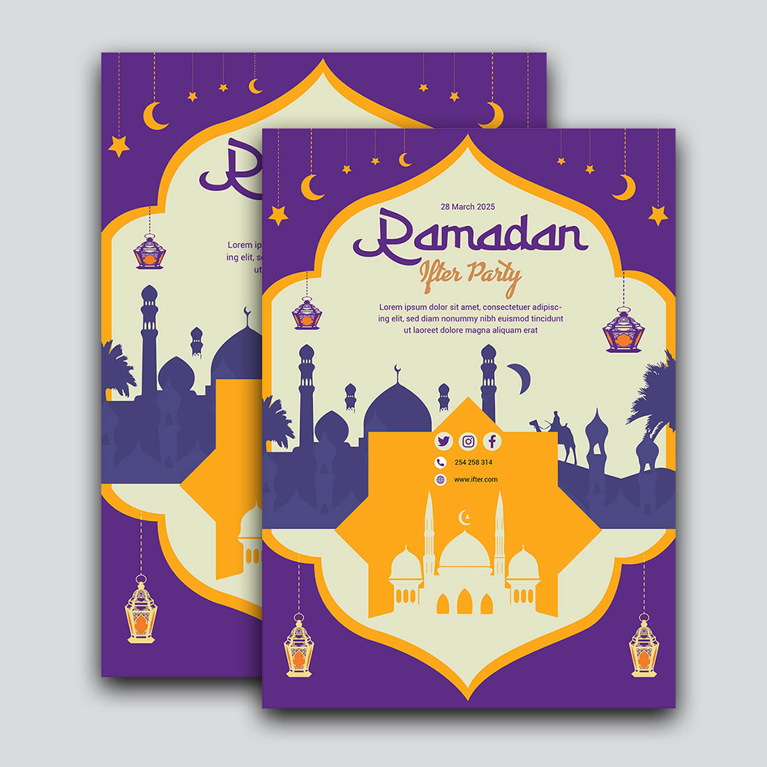 Purple and yellow ramadan party flyer.