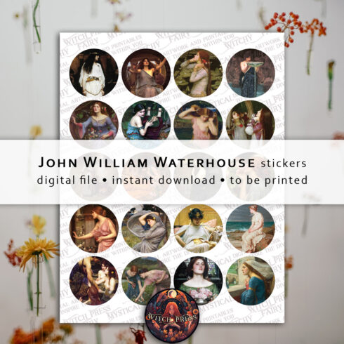 Digital sticker | Waterhouse paintings | Printable stickers | Digital file | John William Waterhouse cover image.