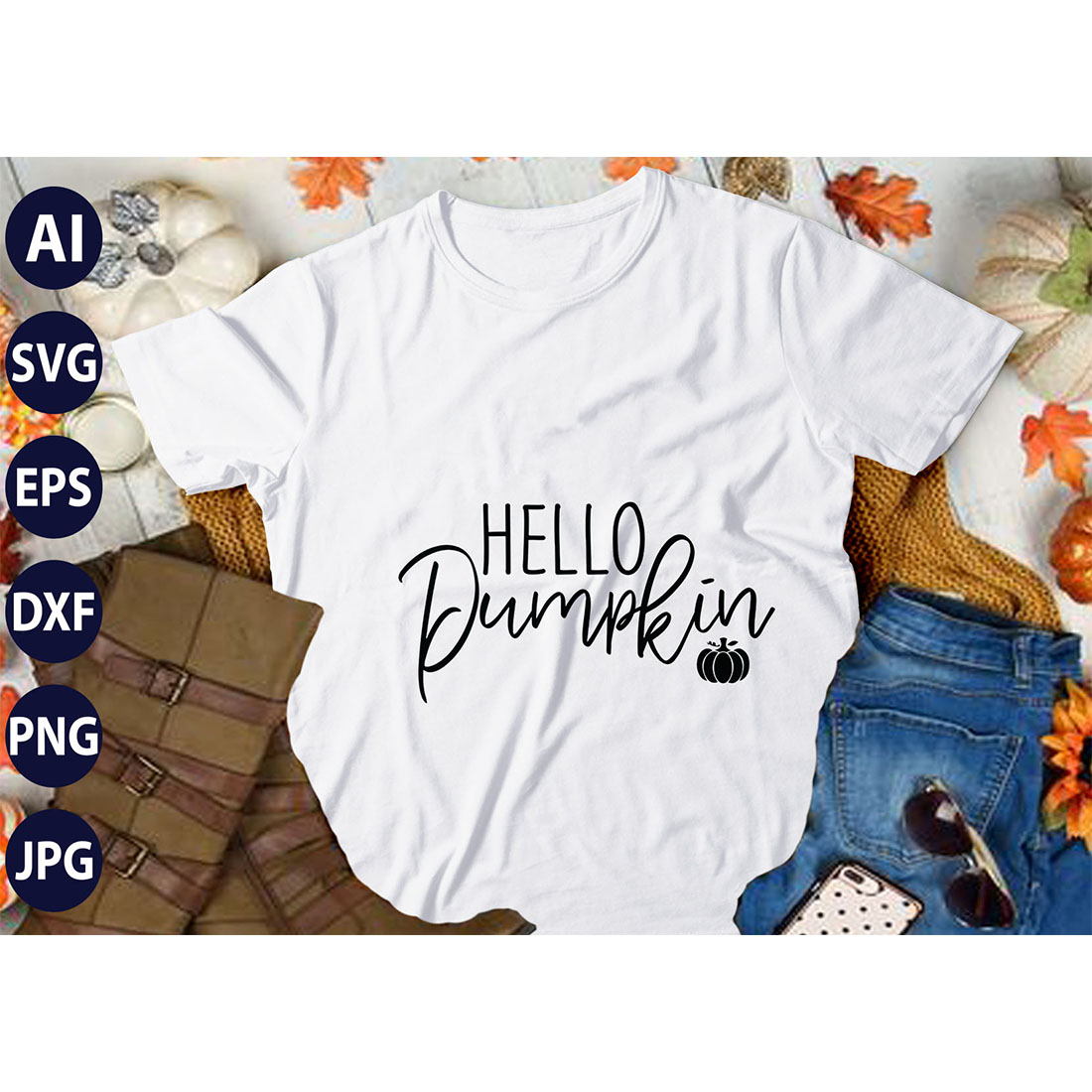 Hello Pumpkin, SVG T-Shirt Design |Happy Halloween & Pumpkin T-Shirt Design | Ai, Svg, Eps, Dxf, Jpeg, Png, Instant download T-Shirt | 100% print-ready Digital vector file preview image.