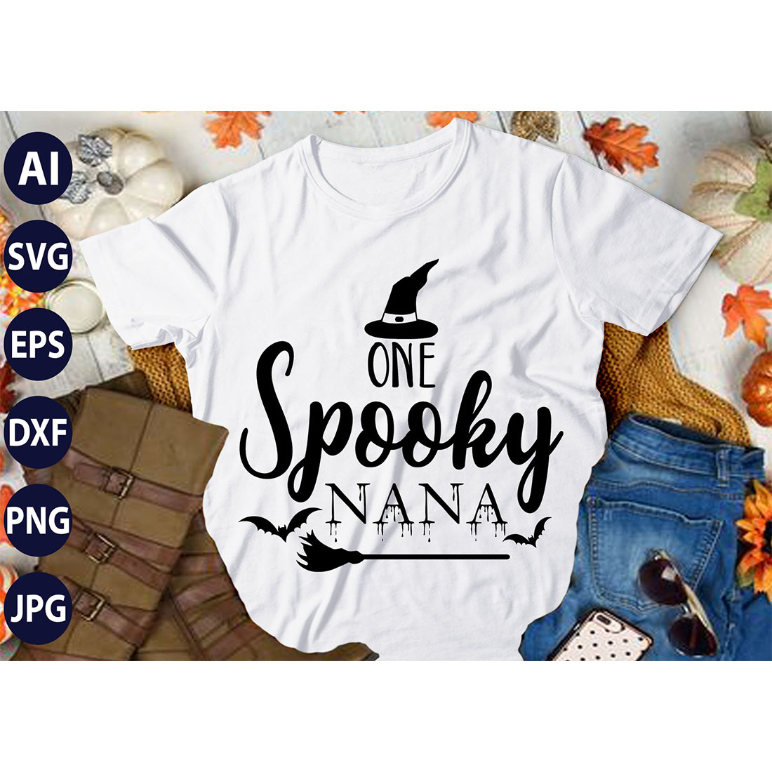 One Spooky Nana, SVG T-Shirt Design |Happy Halloween & Pumpkin T-Shirt Design | Ai, Svg, Eps, Dxf, Jpeg, Png, Instant download T-Shirt | 100% print-ready Digital vector file preview image.